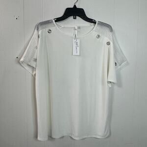 NY Collection Womens Blouse Size Large White Short Sleeve Mesh Shoulders Eyelets